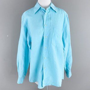 Kiwi St. Tropez Linen Button Front Long Sleeve Casual Teal Blue Dress Shirt Med